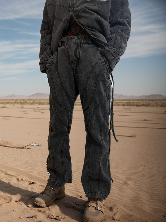 IPA-PC88-BK ENZYME WASH Distressed Cut Denim Pants